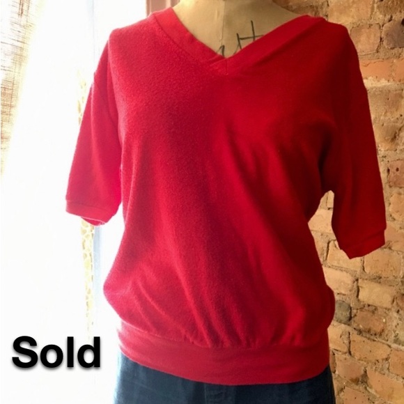 Vintage Red Terrycloth V-Neck Unisex Crew Shirt - Picture 1 of 9